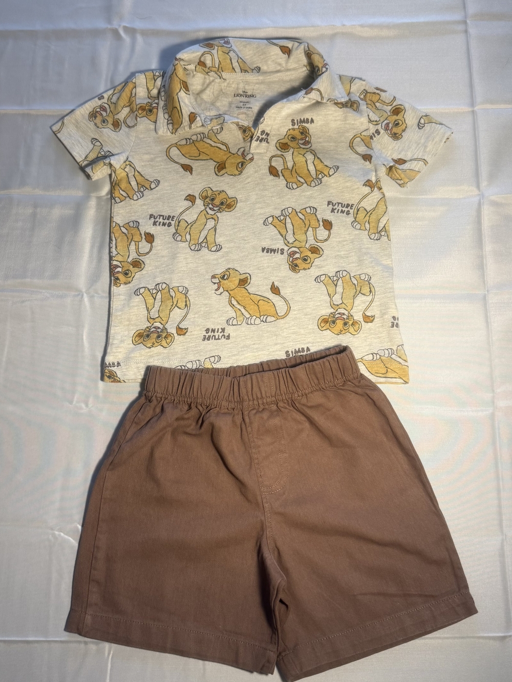 Disney Cream Simba Polo Top with Brown Shorts Set